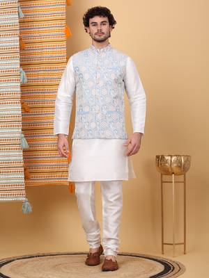 Silk blend cream kurta and churidar with embroidered light blue nehru jacket 1