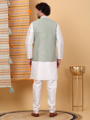 Silk blend cream kurta and churidar with embroidered light green nehru jacket 3