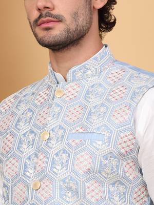 Silk blend cream kurta and churidar with embroidered light blue nehru jacket 2