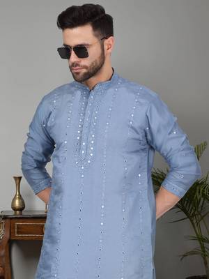Men blue cotton silk mirror worked kurta 1