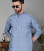 Men blue cotton silk mirror worked kurta