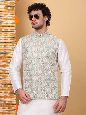 Silk blend cream kurta and churidar with embroidered light green nehru jacket 4