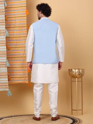 Silk blend cream kurta and churidar with embroidered light blue nehru jacket 3