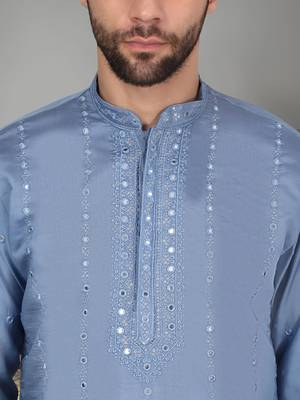 Men blue cotton silk mirror worked kurta 2