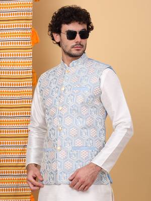 Silk blend cream kurta and churidar with embroidered light blue nehru jacket 4