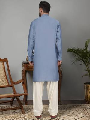 Men blue cotton silk mirror worked kurta 3