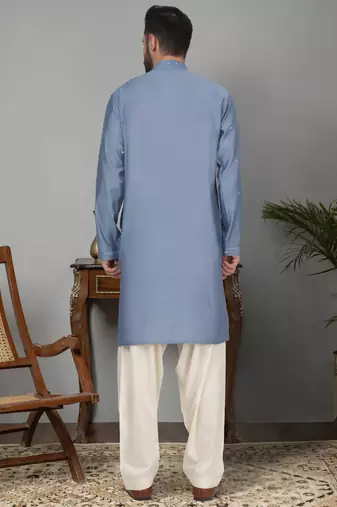 Men blue cotton silk mirror worked kurta