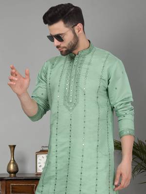 Men sea green cotton silk mirror worked kurta 1