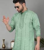 Men sea green cotton silk mirror worked kurta