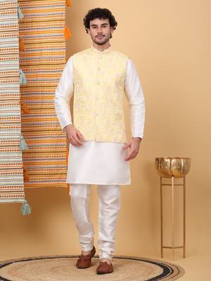 Silk blend cream kurta and churidar with embroidered lime yellow nehru jacket 1