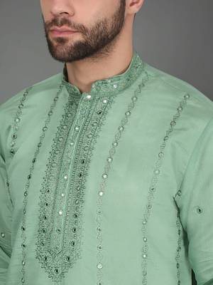 Men sea green cotton silk mirror worked kurta 2
