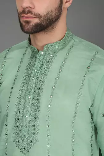 Men sea green cotton silk mirror worked kurta