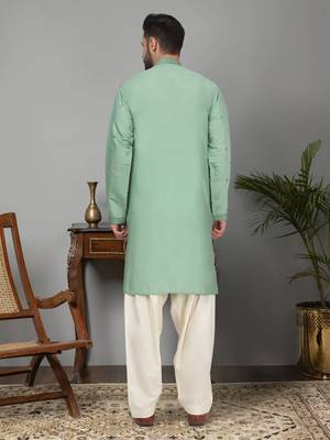 Men sea green cotton silk mirror worked kurta 3