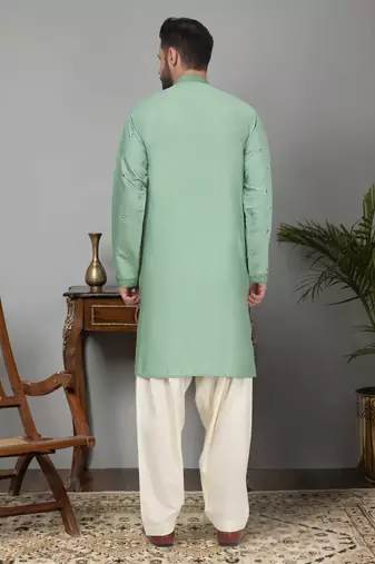 Men sea green cotton silk mirror worked kurta