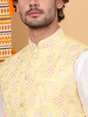 Silk blend cream kurta and churidar with embroidered lime yellow nehru jacket 2