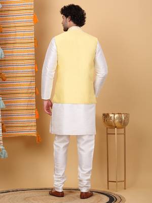 Silk blend cream kurta and churidar with embroidered lime yellow nehru jacket 3
