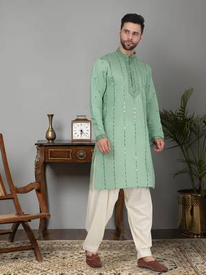 Men sea green cotton silk mirror worked kurta 5