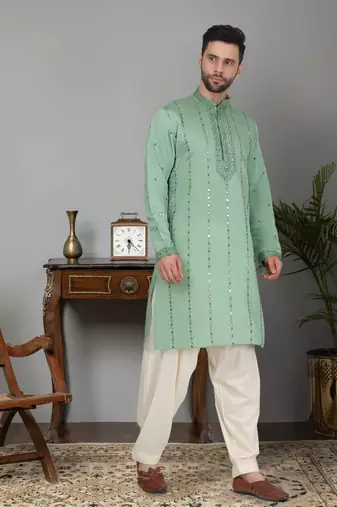 Men sea green cotton silk mirror worked kurta
