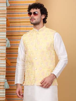 Silk blend cream kurta and churidar with embroidered lime yellow nehru jacket 4