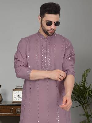 Cotton Silk Mirror Work Purple Kurta 1