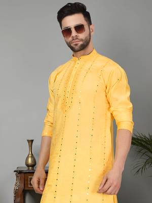 Men yellow cotton silk mirror worked kurta 1