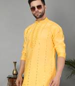 Men yellow cotton silk mirror worked kurta
