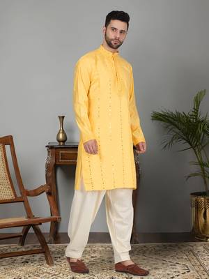 Men yellow cotton silk mirror worked kurta 2