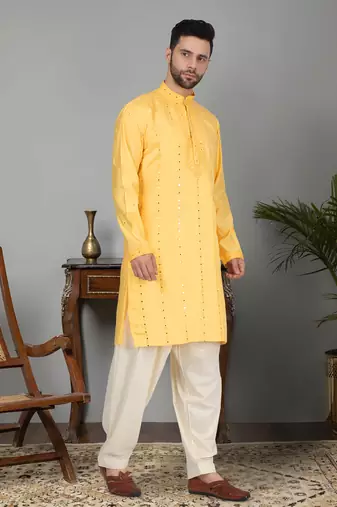 Men yellow cotton silk mirror worked kurta
