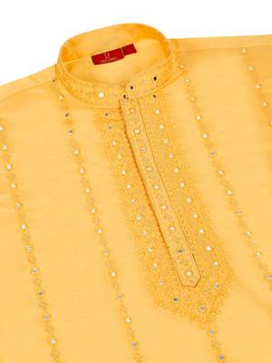 Men yellow cotton silk mirror worked kurta 4