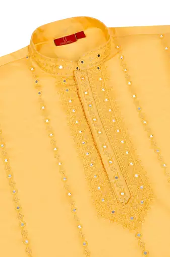Men yellow cotton silk mirror worked kurta