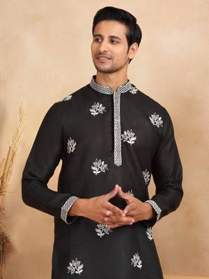 Mandarin collor embroidered cotton black kurta 1