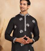 Mandarin collor embroidered cotton black kurta