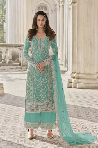 Turquoise embroidered net semi stitched straight palazzo suit.