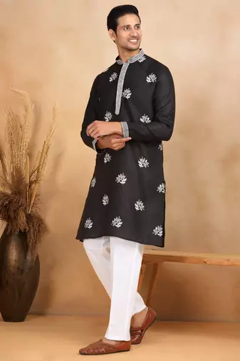 Mandarin collor embroidered cotton black kurta