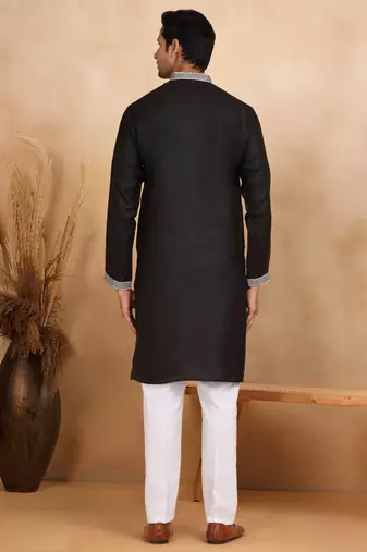 Mandarin collor embroidered cotton black kurta