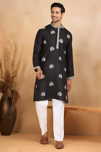 Mandarin collor embroidered cotton black kurta
