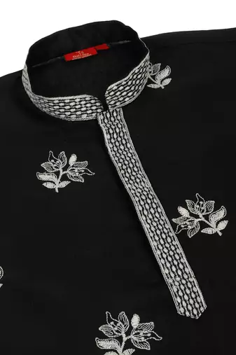 Mandarin collor embroidered cotton black kurta