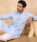 Mandarin collor embroidered cotton blue kurta