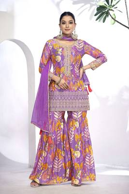 Purple embroidered chinno free size stitched straight sharara suit 1