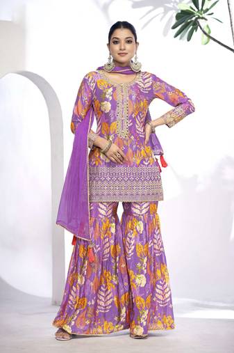 Purple embroidered chinno free size stitched straight sharara suit