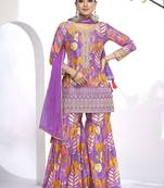 Purple embroidered chinno free size stitched straight sharara suit