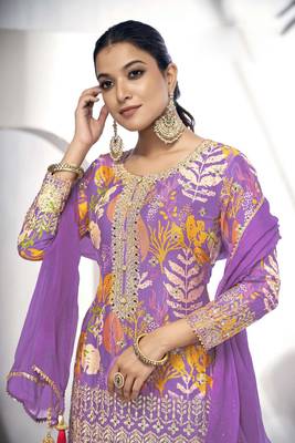 Purple embroidered chinno free size stitched straight sharara suit 2