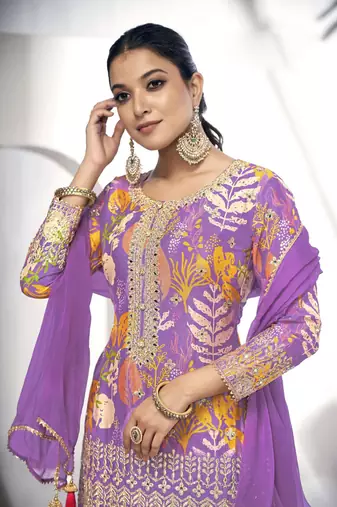 Purple embroidered chinno free size stitched straight sharara suit
