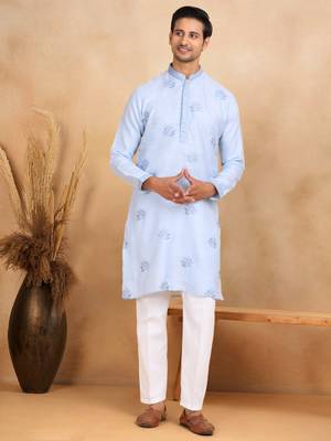 Mandarin collor embroidered cotton blue kurta 2