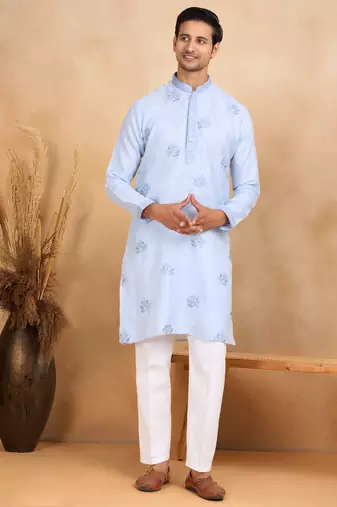 Mandarin collor embroidered cotton blue kurta