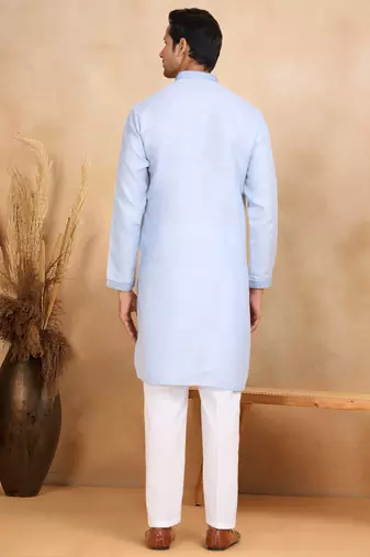 Mandarin collor embroidered cotton blue kurta