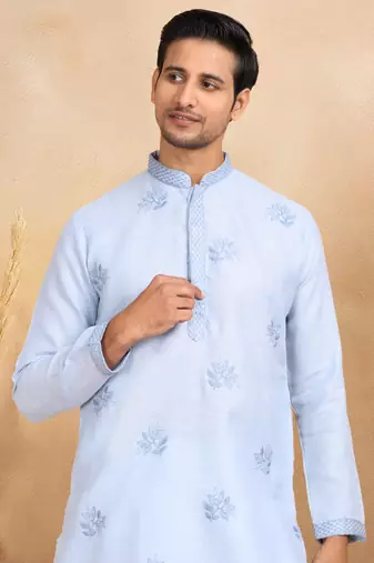 Mandarin collor embroidered cotton blue kurta