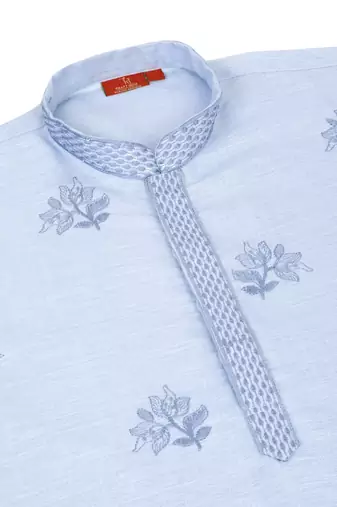 Mandarin collor embroidered cotton blue kurta
