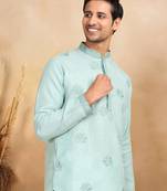 Mandarin collor embroidered cotton green kurta