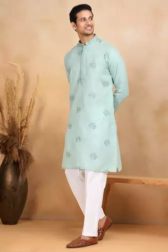 Mandarin collor embroidered cotton green kurta